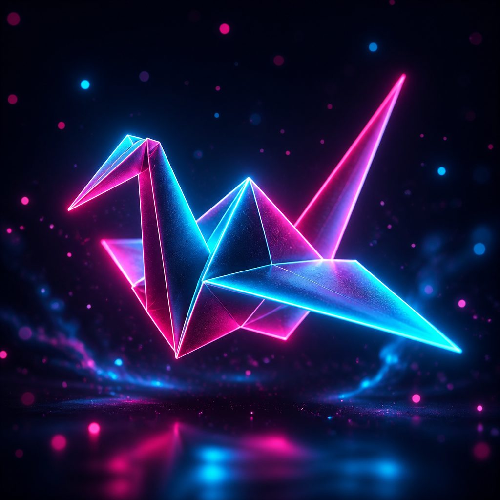 Neon camgöbeği ve pembe kenarlarla parlayan geometrik origami kağıt turna